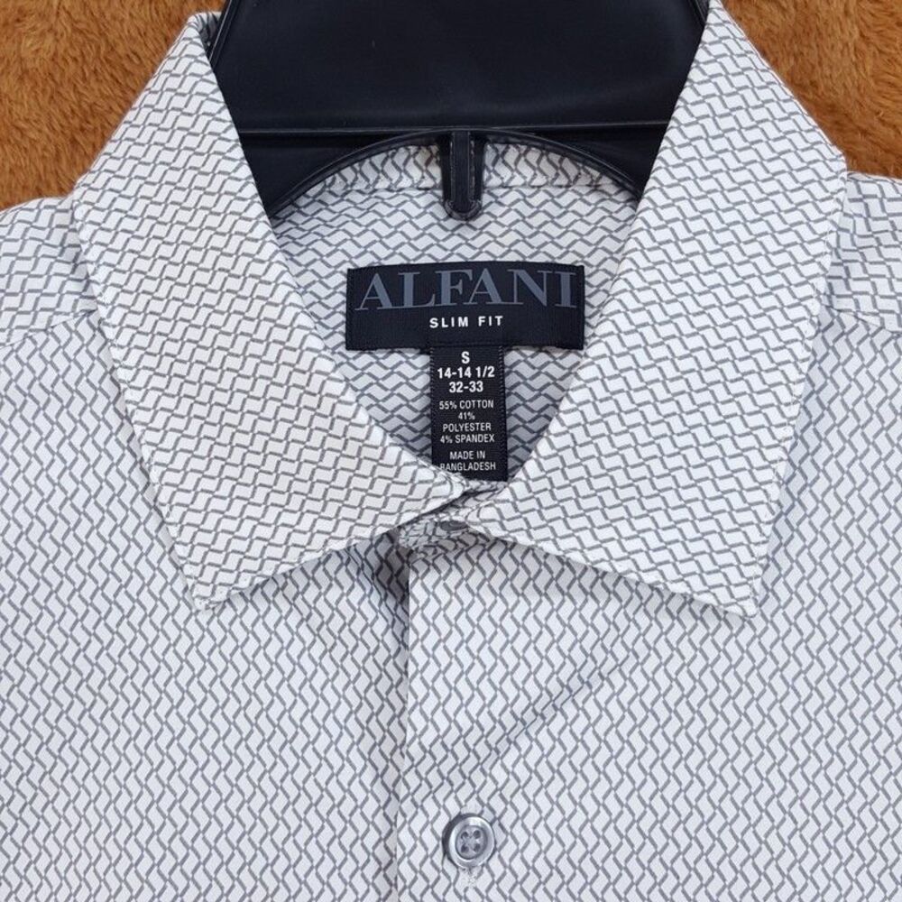 ALFANI Dress Shirt Mens Size 14 14.5 32 33 White Grey Geo Neat Slim Fit Stretch